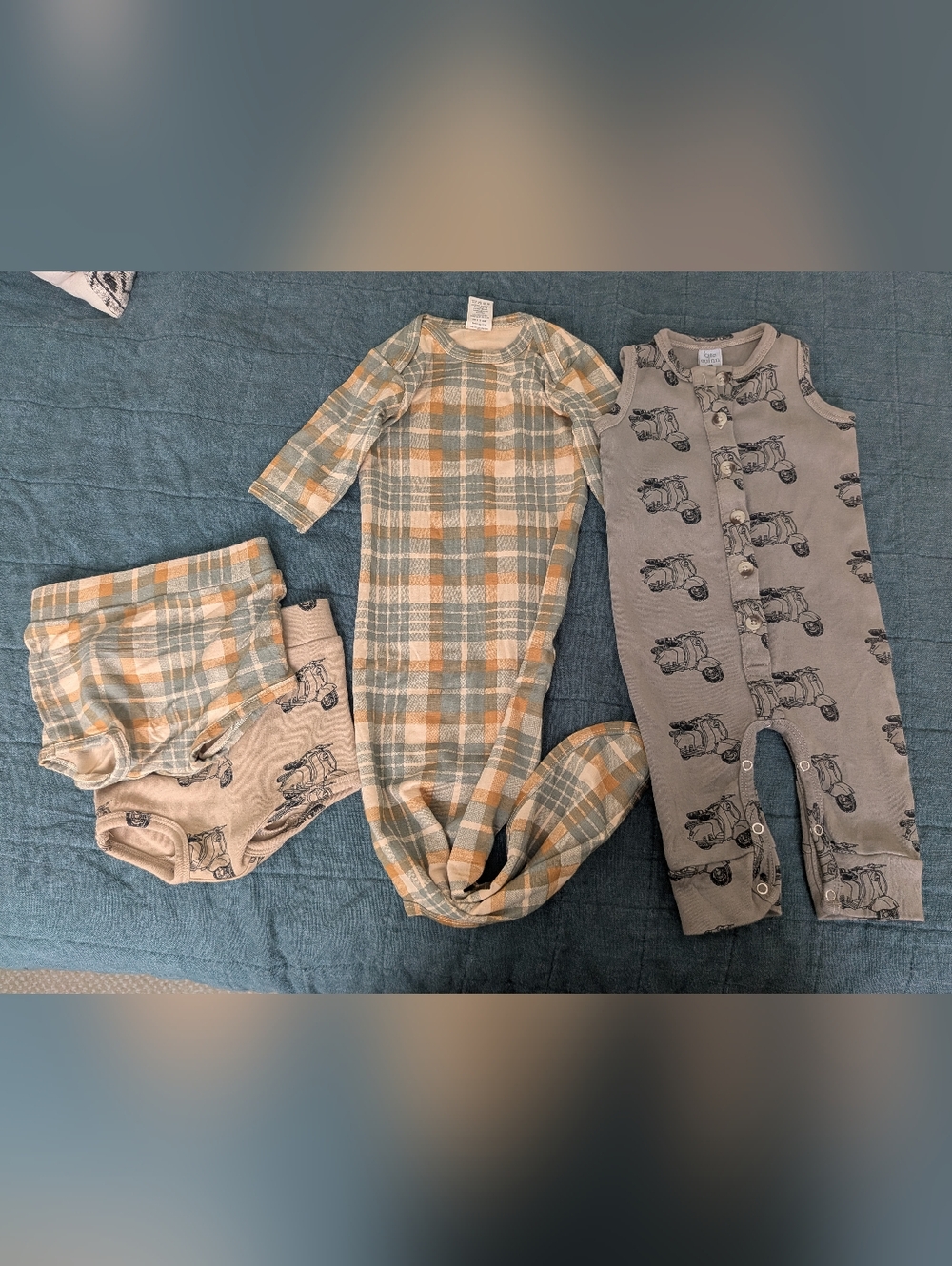 Kate Quinn Neutral Scooter-Print Baby Romper Plaid Brown Olive Tan Cotton Bamboo